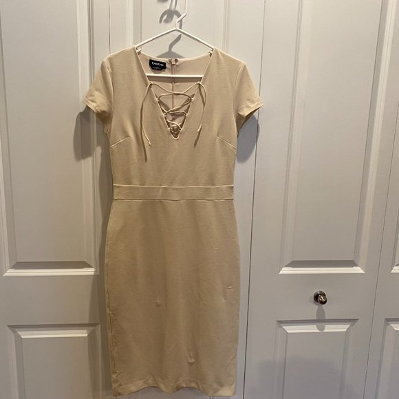 bebe Dresses & Skirts - Bebe Light Tan Neckline Lace Up Dress Size Large